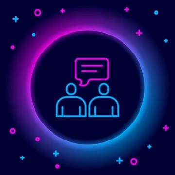 Glowing neon line Two sitting men talking icon isolated on black background Stock Illustration