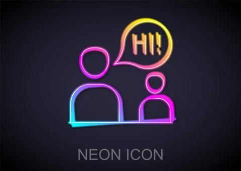 Glowing neon line Two sitting men talking icon isolated on black background.. Illustrazione stock