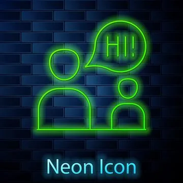 Glowing neon line Two sitting men talking icon isolated on brick wall backgro Stock Illustration
