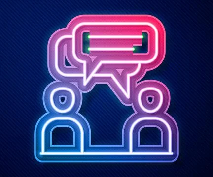 Glowing neon line Two sitting men talking icon isolated on blue background... Stock Illustration