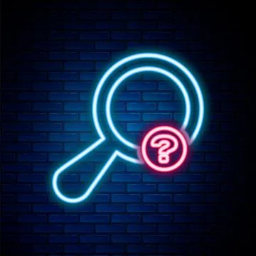 Glowing neon line Unknown search icon isolated on brick wall background Stock Illustration