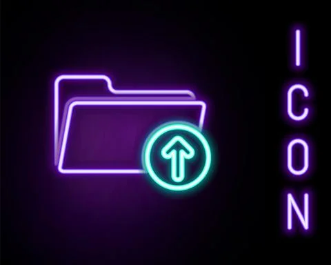 Glowing neon line Upload file icon isolated on black background. File document Stock Illustration
