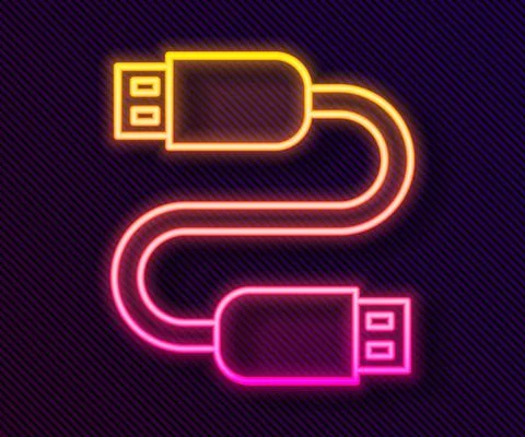Glowing neon line USB cable cord icon isolated on black background. Connectors Stock Illustration