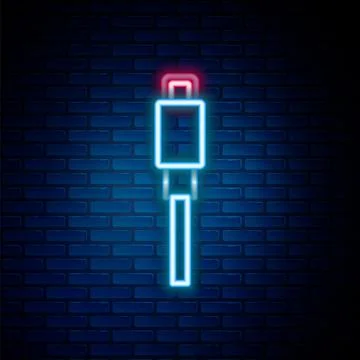 Glowing neon line USB cable cord icon isolated on brick wall background. Co.. Stock Illustration