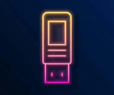 Glowing neon line USB flash drive icon isolated on black background. Vector Stock Illustration