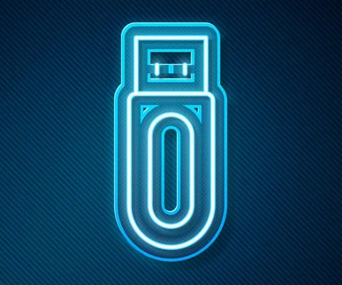 Glowing neon line USB flash drive icon isolated on blue background. Vector Stock Illustration