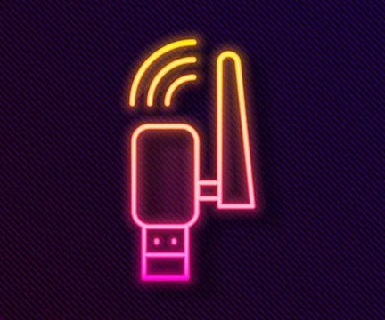 Glowing neon line Usb wireless adapter icon isolated on black background.  .. Stock Illustration
