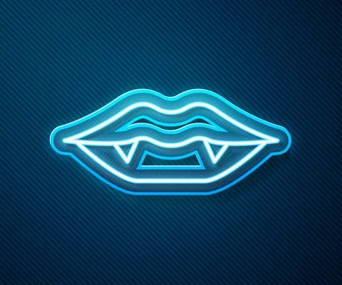 Glowing neon line Vampire teeth icon isolated on blue background. Happy Illustrazione stock