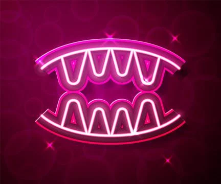 Glowing neon line Vampire teeth icon isolated on red background. Happy Hallow Stock Illustration