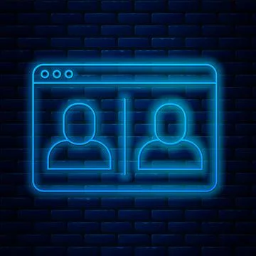 Glowing neon line Video chat conference icon isolated on brick wall background Stock Illustration