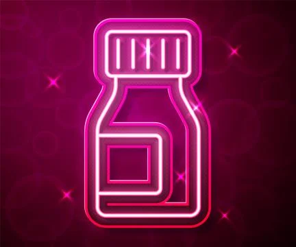 Glowing neon line Vitamin complex of pill capsule icon isolated on red back.. Stock Illustration