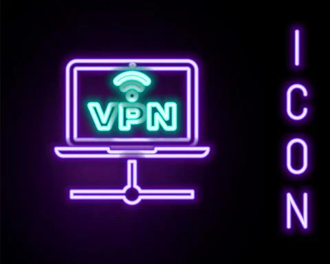 Glowing neon line VPN Computer network icon isolated on black background. Laptop Stock Illustration