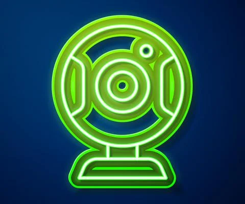 Glowing neon line Web camera icon isolated on blue background. Chat camera Illustrazione stock
