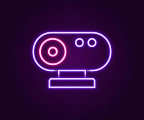Glowing neon line Web camera icon isolated on black background. Chat camera 스톡 일러스트