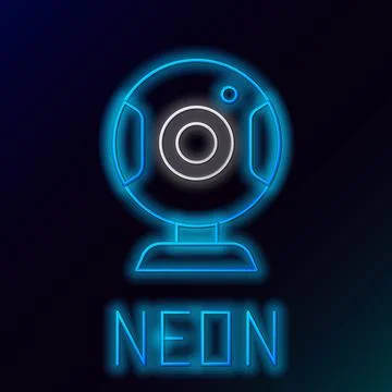 Glowing neon line Web camera icon isolated on black background. Chat camera Stock Illustration
