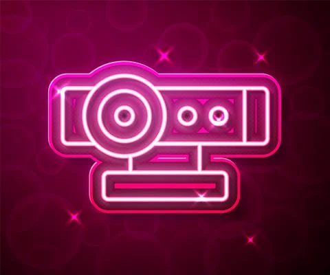 Glowing neon line Web camera icon isolated on red background. Chat camera Stockillustratie
