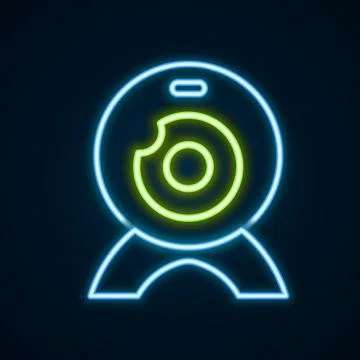 Glowing neon line Web camera icon isolated on black background. Chat camera Stock Illustration