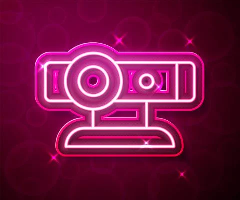 Glowing neon line Web camera icon isolated on red background. Chat camera Stock Illustration