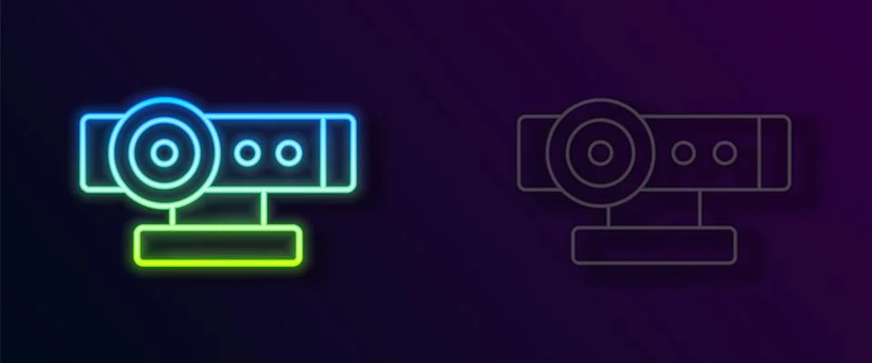 Glowing neon line Web camera icon isolated on black background. Chat camera Stock Illustration