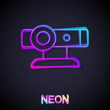 Glowing neon line Web camera icon isolated on black background. Chat camera Stock Illustration