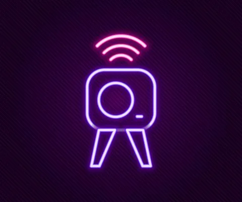 Glowing neon line Web camera icon isolated on black background. Chat camera 스톡 일러스트