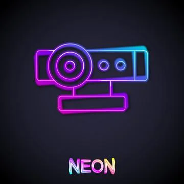 Glowing neon line Web camera icon isolated on black background. Chat camera 스톡 일러스트