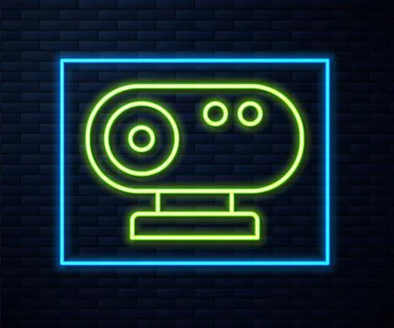 Glowing neon line Web camera icon isolated on brick wall background. Chat camera Stockillustratie