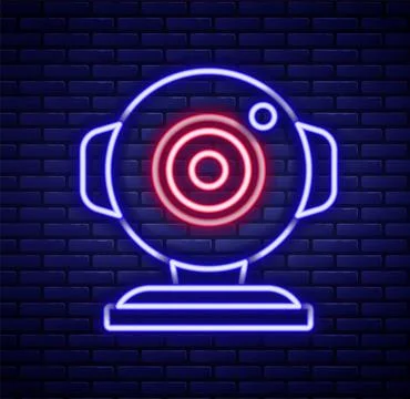 Glowing neon line Web camera icon isolated on brick wall background. Chat camera 스톡 일러스트