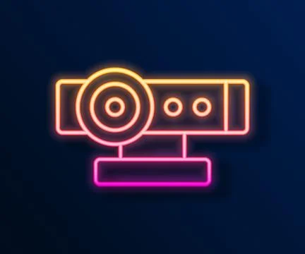 Glowing neon line Web camera icon isolated on black background. Chat camera Stock Illustration