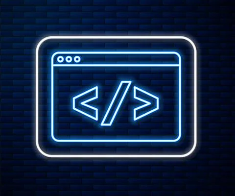 Glowing neon line Web design and front end development icon isolated on brick Stock Illustration
