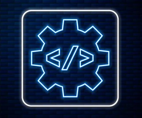 Glowing neon line Web design and front end development icon isolated on brick 스톡 일러스트