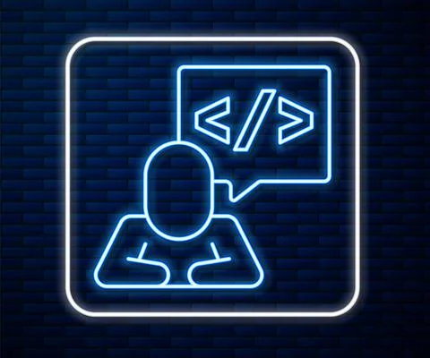 Glowing neon line Web design and front end development icon isolated on brick Stock Illustration