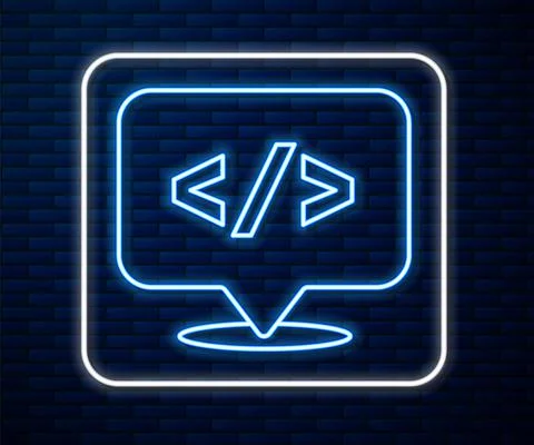 Glowing neon line Web design and front end development icon isolated on brick Stockillustratie