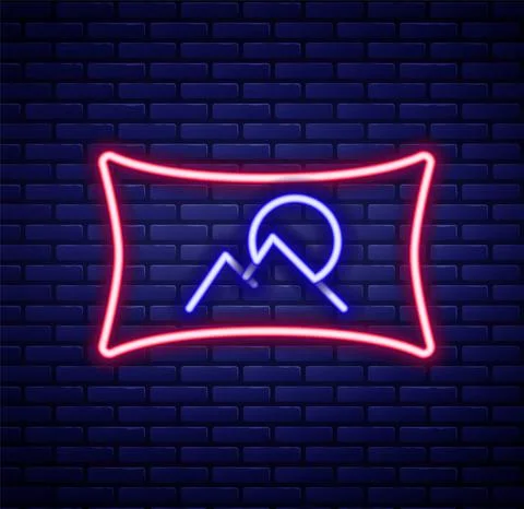 Glowing neon line Wide angle picture icon isolated on brick wall background Stock Illustration