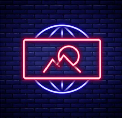 Glowing neon line Wide angle picture icon isolated on brick wall background Stock Illustration