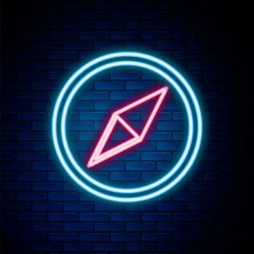 Glowing neon line Wind rose icon isolated on brick wall background. Compass icon Stock Illustration