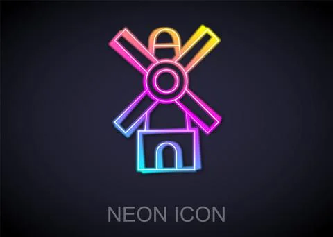 Glowing neon line Windmill icon isolated on black background. Vector Stock Illustration
