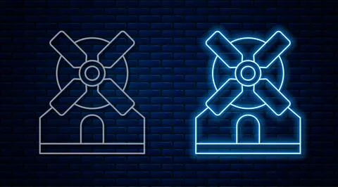 Glowing neon line Windmill icon isolated on brick wall background.  Vector Stock Illustration
