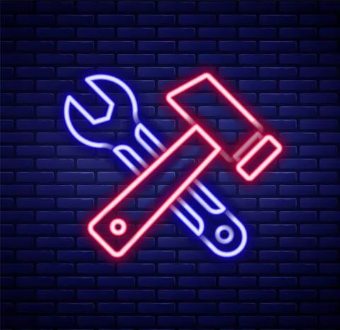 Glowing neon line Window in room icon isolated on brick wall background Stock Illustration