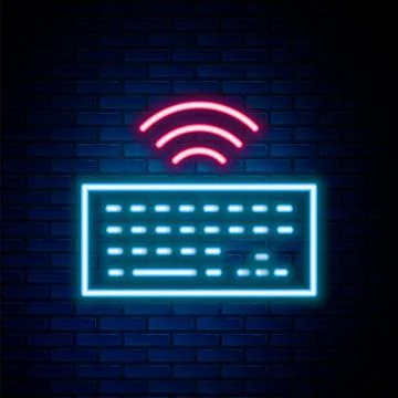 Glowing neon line Wireless computer keyboard icon isolated on brick wall 스톡 일러스트