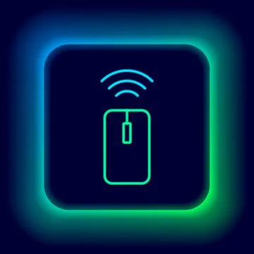 Glowing neon line Wireless computer mouse system icon isolated on black Stock Illustration