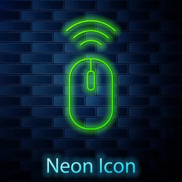 Glowing neon line Wireless computer mouse system icon isolated on brick wall Stock Illustration