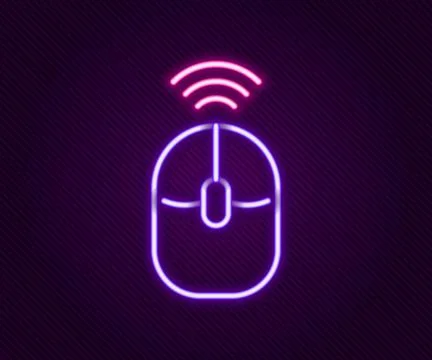 Glowing neon line Wireless computer mouse icon isolated on black background.. 스톡 일러스트