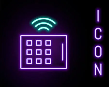 Glowing neon line Wireless tablet icon isolated on black background. Intern.. Stock Illustration