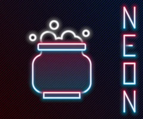 Glowing neon line Witch cauldron icon isolated on black background. Happy Ilustração Stock