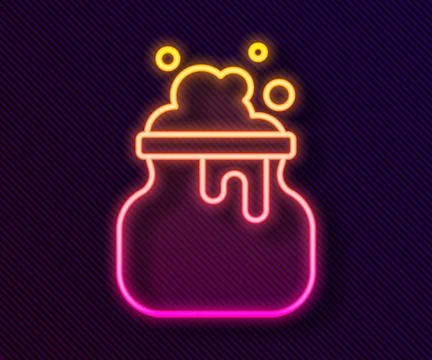 Glowing neon line Witch cauldron icon isolated on black background. Happy H.. Stock Illustration
