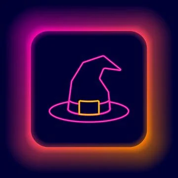 Glowing neon line Witch hat icon isolated on black background. Happy Hallow.. Stock Illustration