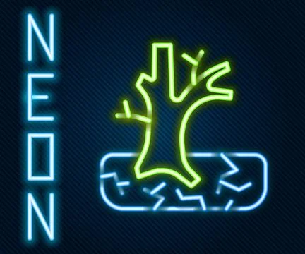 Glowing neon line Withered tree icon isolated on black background. Bare tre.. Stock Illustration