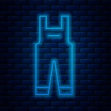 Glowing neon line Work overalls icon isolated on brick wall background.  Vect Stock Illustration
