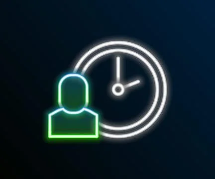 Glowing neon line Work time icon isolated on black background. Office worke.. Illustrazione stock
